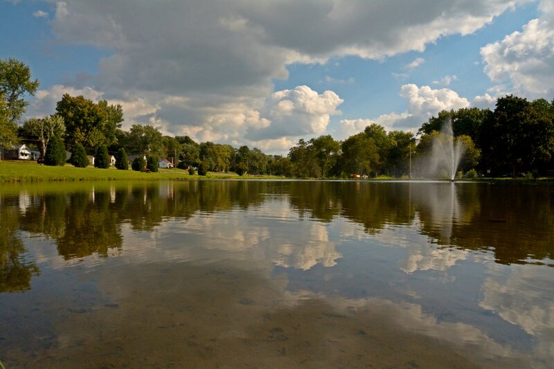 Fountain in Pond — Blue, Serene, Afternoon