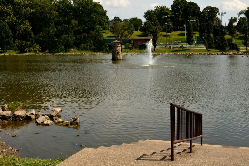 Fountain in Pond — Green, Serene, Afternoon, Photograph, Trees, Stairs