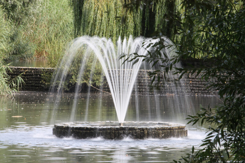 Fountain in Pond — Green, Serene, Afternoon