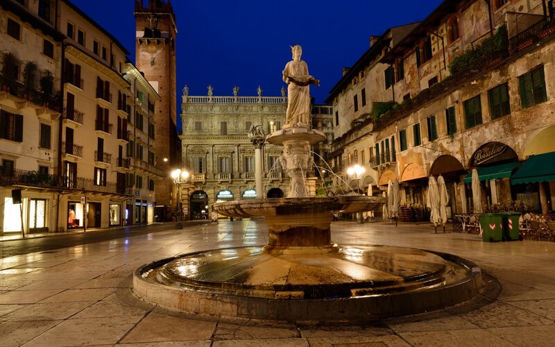 Fountain in Town Square — Blue, Serene, Night