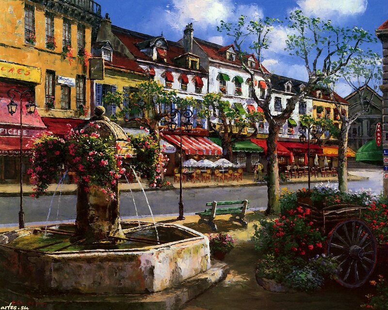 Fountain in Town Square — Blue, Serene