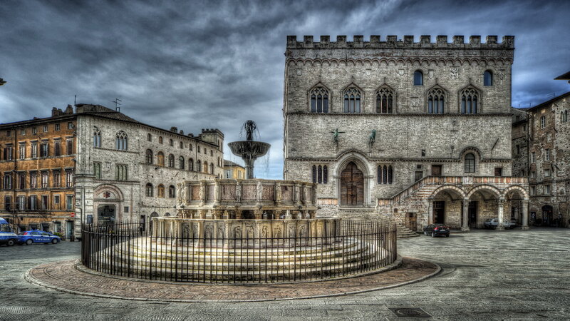 Fountain in Town Square — Gray, Dramatic