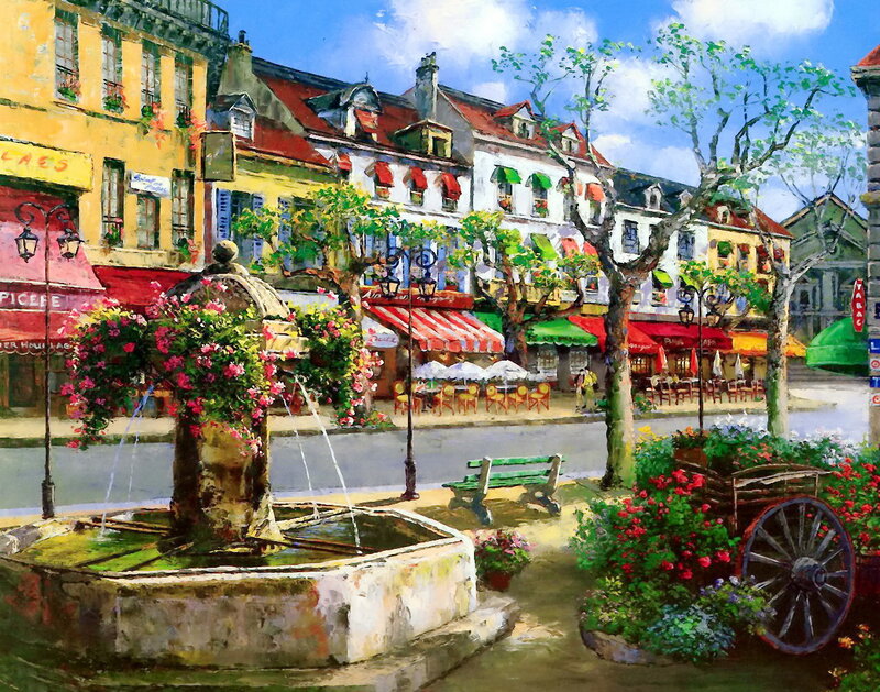 Fountain in Town Square — Yellow, Cheerful