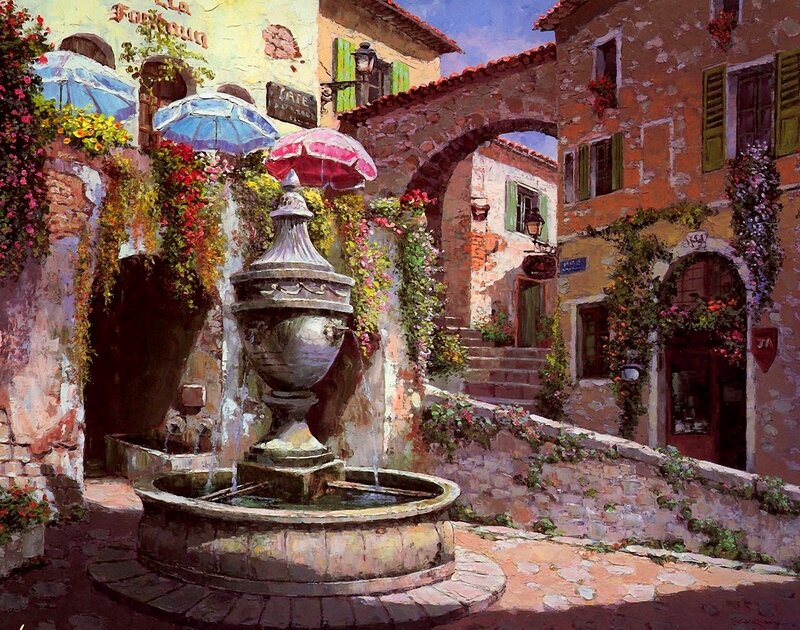 Fountain in Village Square — Blue