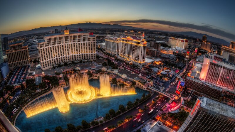 Fountain Show at Bellagio — Blue, Dramatic, Sunset, Photograph