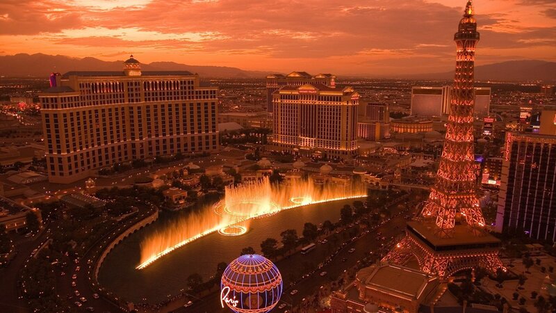 Fountain Show at Night — Orange, Dramatic, Sunset, Photograph, Hotel, Eiffel Tower Replica, Black