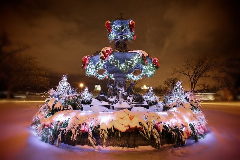 Fountain with Holiday Lights