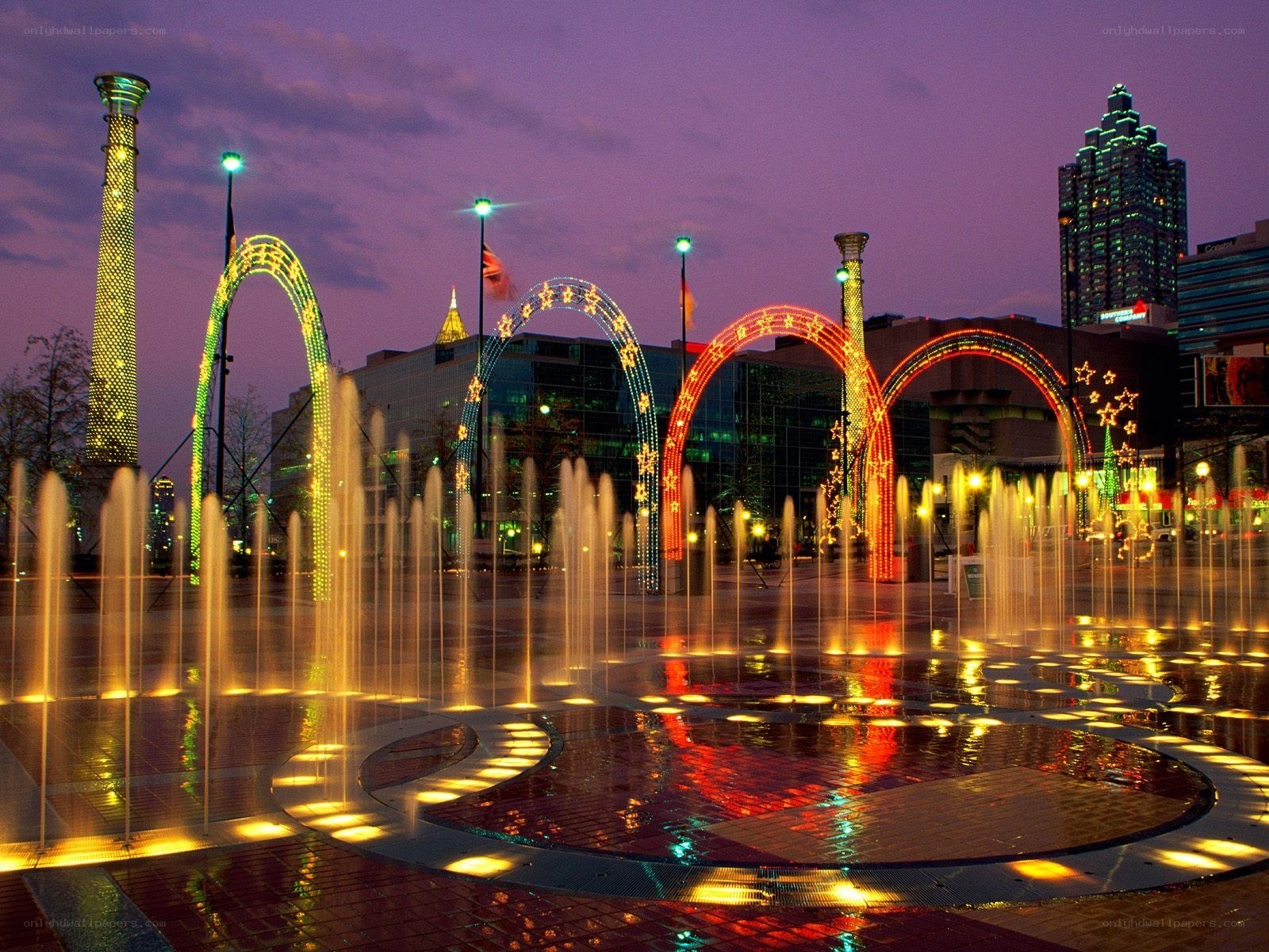 Fountain with illuminated arches