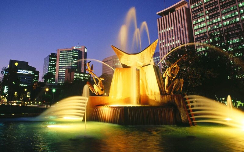 Fountain with Sculptures — Blue, Dramatic, Night, Photograph, Buildings