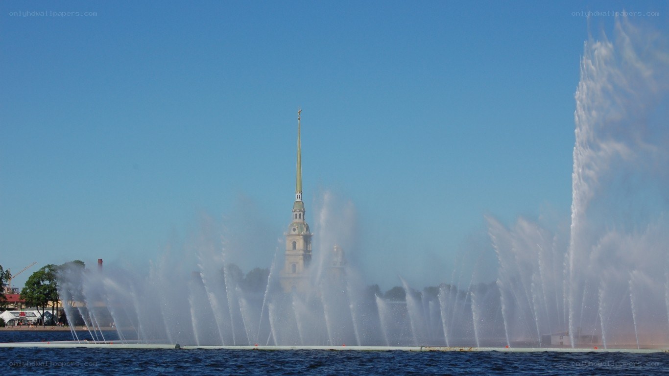 fountain with spire in background