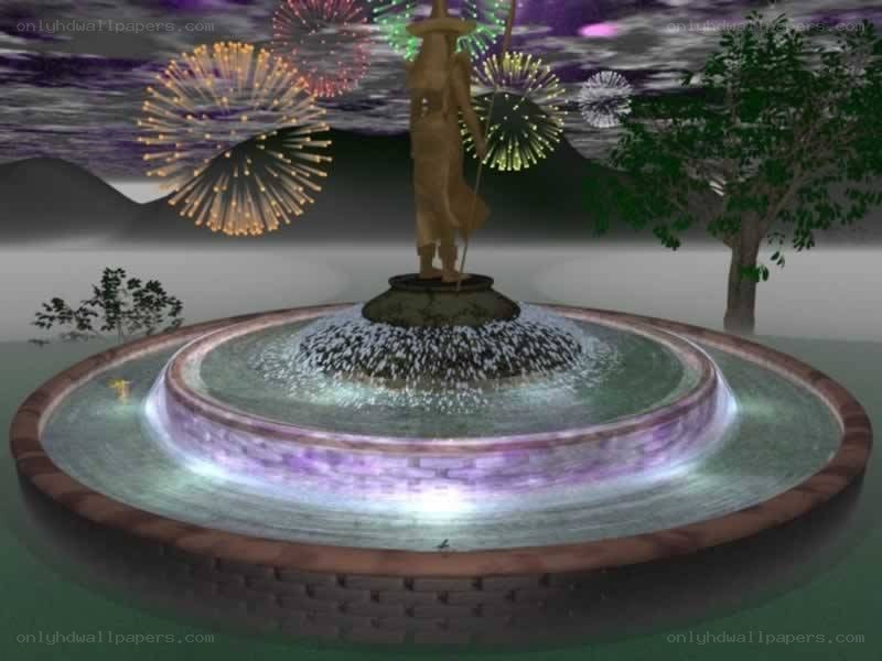 Fountain with statue and fireworks
