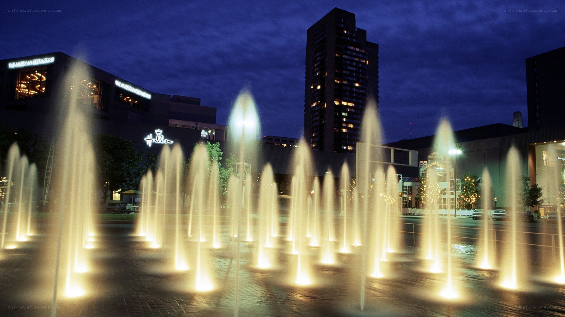 fountains at night in city