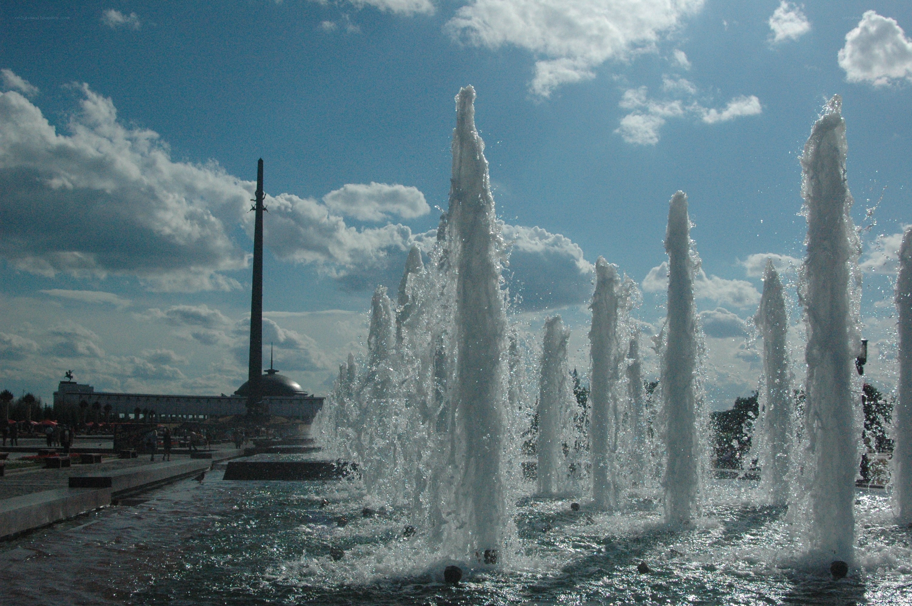 Fountains in a city square