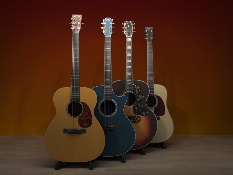 Four acoustic guitars on display