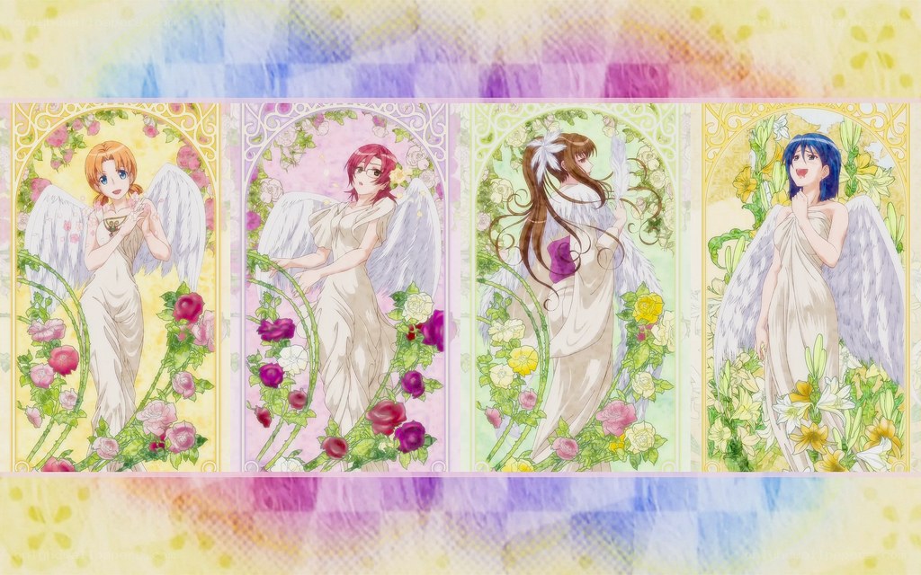 Four angelic figures in floral frames
