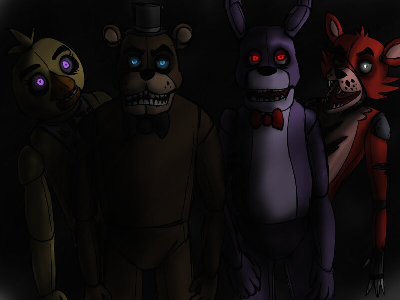 Four Animatronic Characters — Black, Creepy, Dark