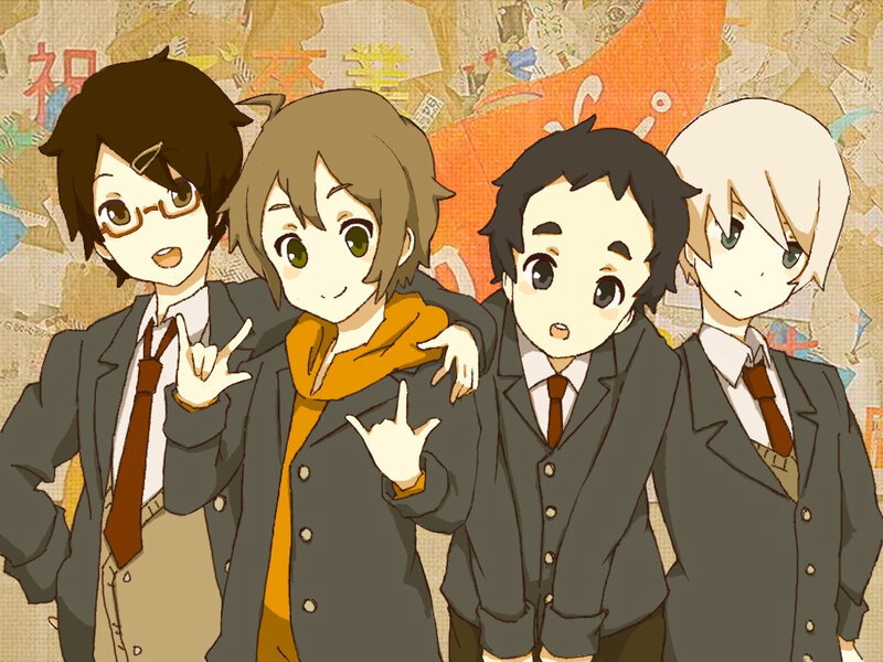 four anime boys in school uniforms