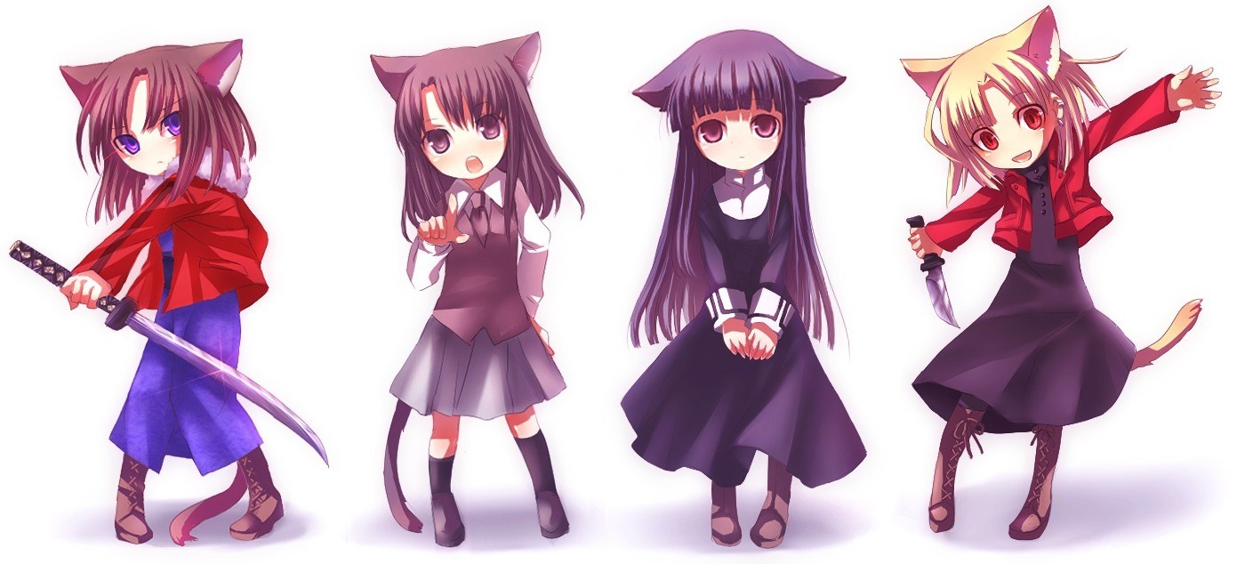 Four anime cat girls with weapons