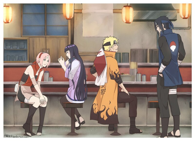 Four Anime Characters at Counter