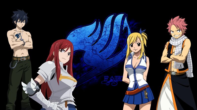 Four Anime Characters — Black, Confident, Blue Logo