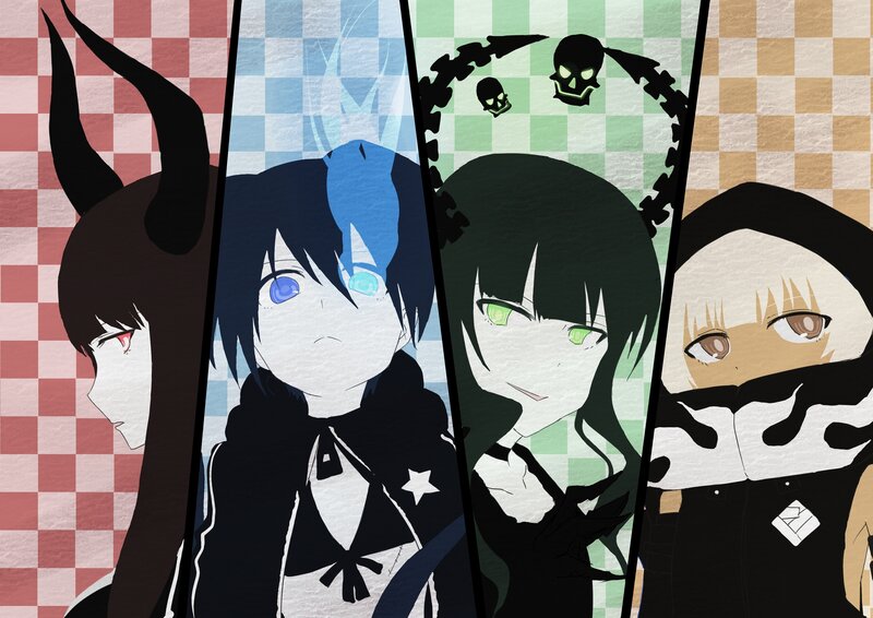 Four Anime Characters — Black, Dramatic, Checkered Background