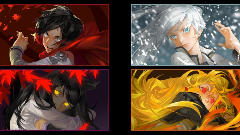 Four Anime Characters — Black, Dramatic, Digital Art, Red Leaves