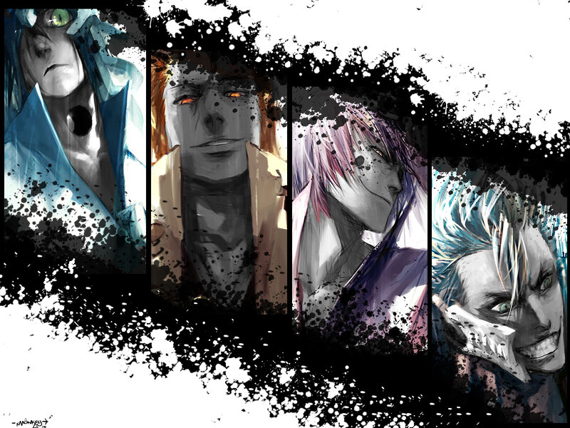 Four Anime Characters — Black, Dramatic, Digital Art, Splatter Effect, Close-up Portraits