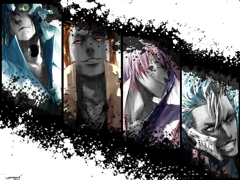 Four Anime Characters — Black, Dramatic, Digital Art, Splatter Effect