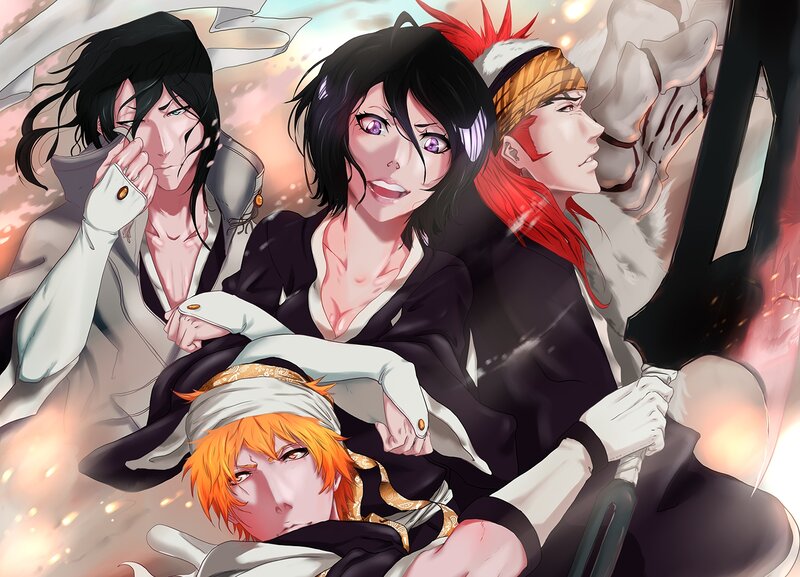 Four Anime Characters — Black, Dramatic, Manga, Anime Art, Action Scene