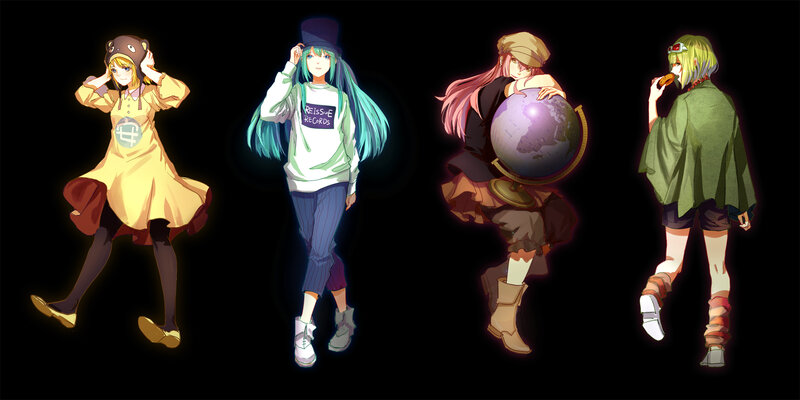 Four Anime Characters — Black, Dramatic, Night, Digital Art, Globe