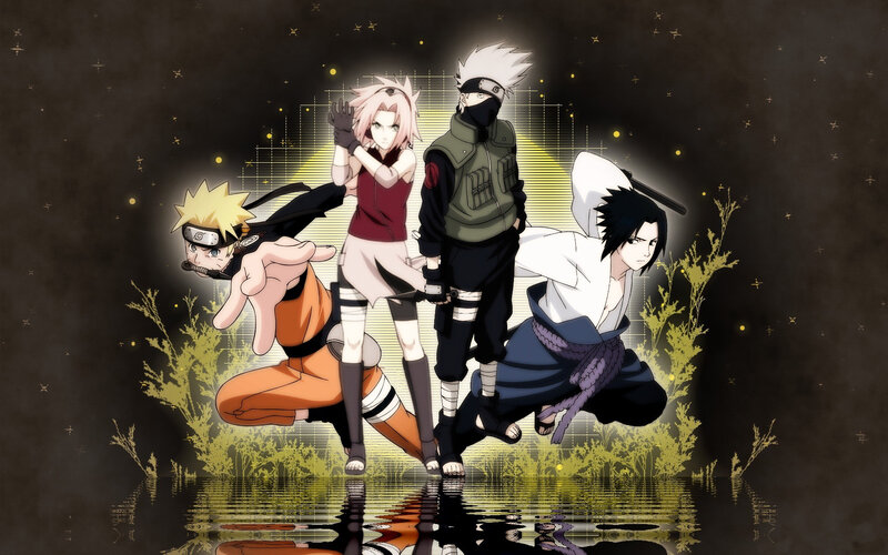 Four Anime Characters — Black, Dramatic, Night, Reflection