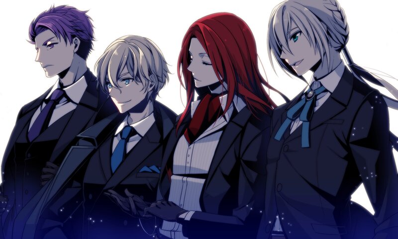 Four Anime Characters — Black, Dramatic, School Uniforms, Suits