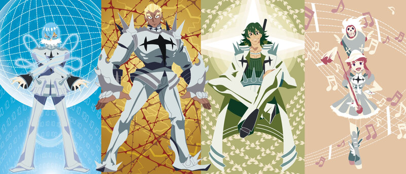 Four Anime Characters — Blue, Dramatic, Music Notes