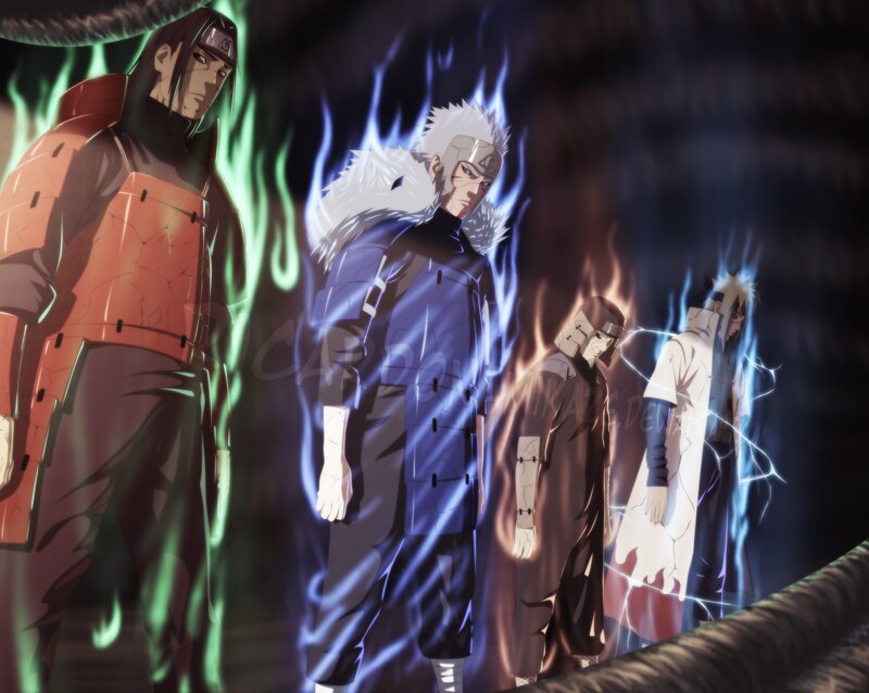 Four Anime Characters — Blue, Dramatic, Night, Fire