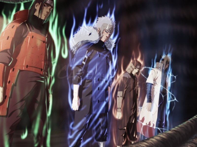 Four Anime Characters — Blue, Dramatic, Night, Flames