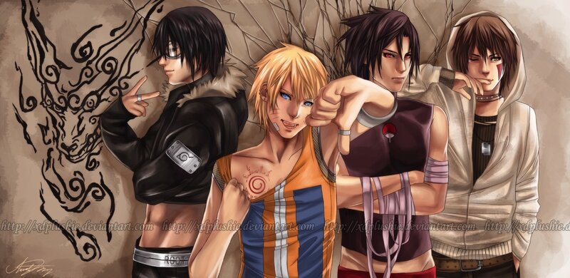 Four Anime Characters — Brown, Confident, Digital Art