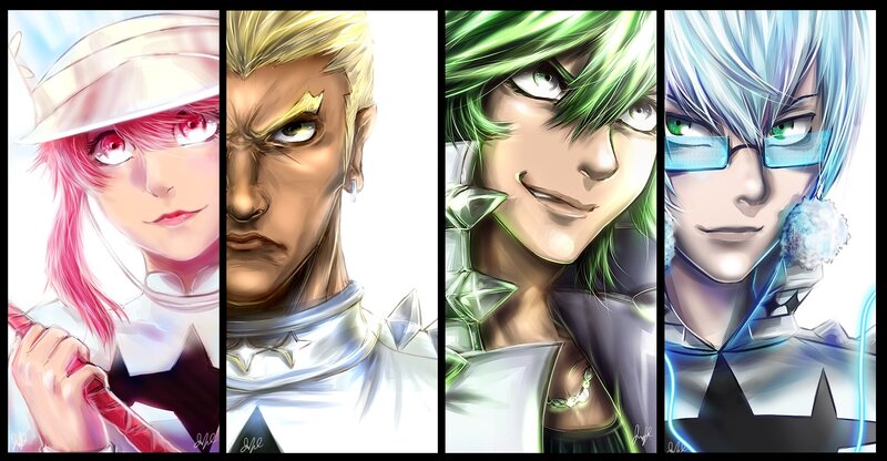 Four Anime Characters — Green, Dramatic, Digital Art