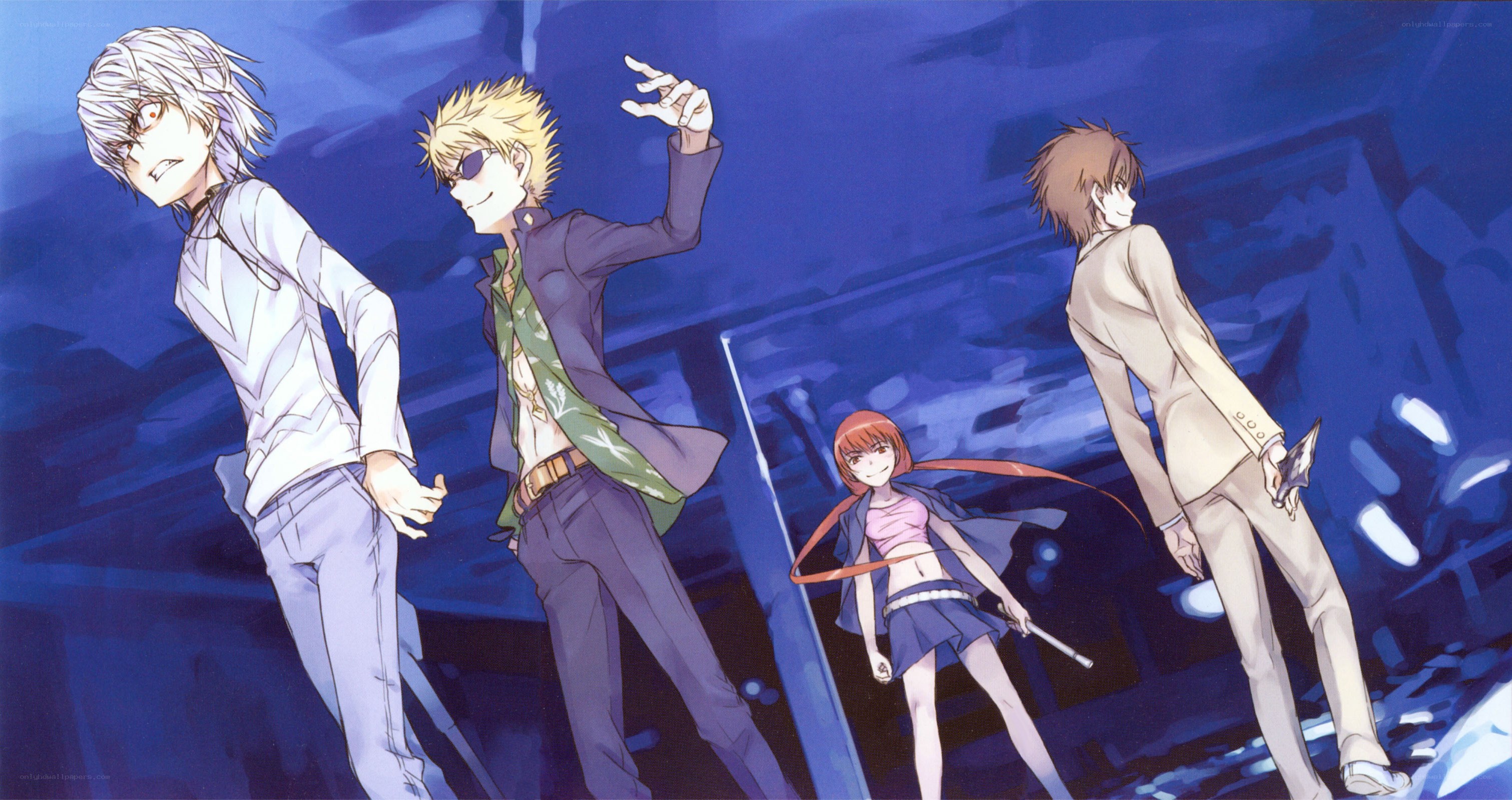 Four anime characters in a dark setting