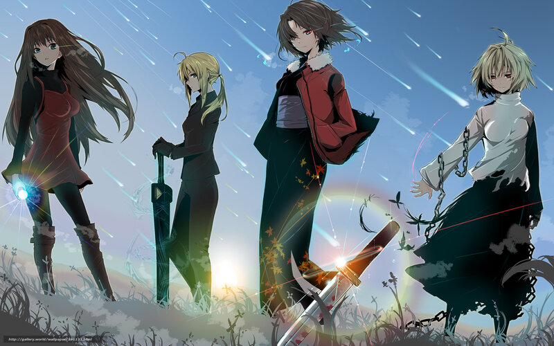 Four anime characters in a field