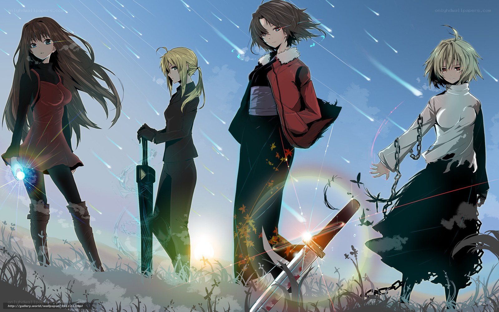 Four anime characters in a field