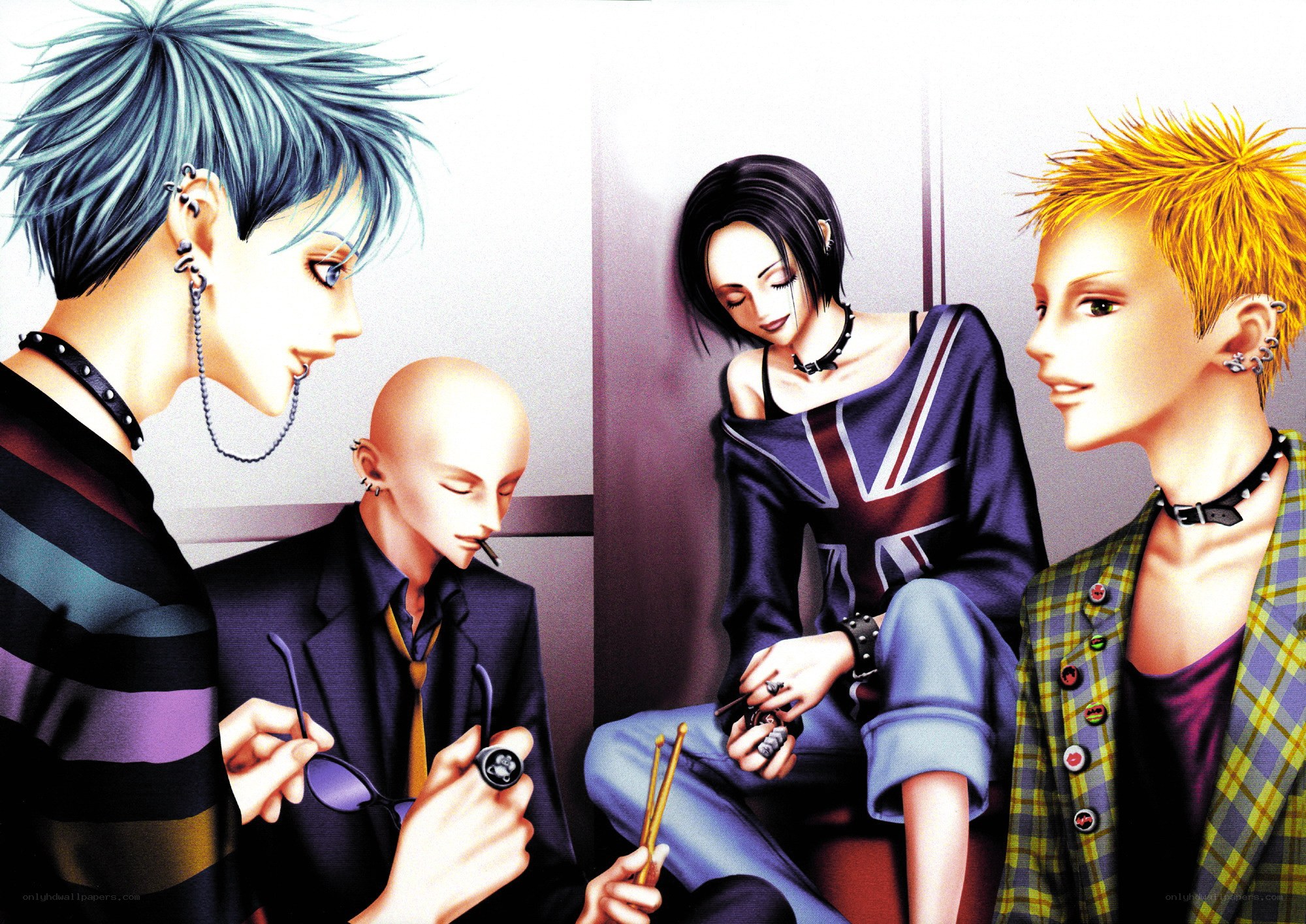 Four anime characters in a room