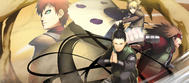 Four Anime Characters in Action — Brown, Dramatic