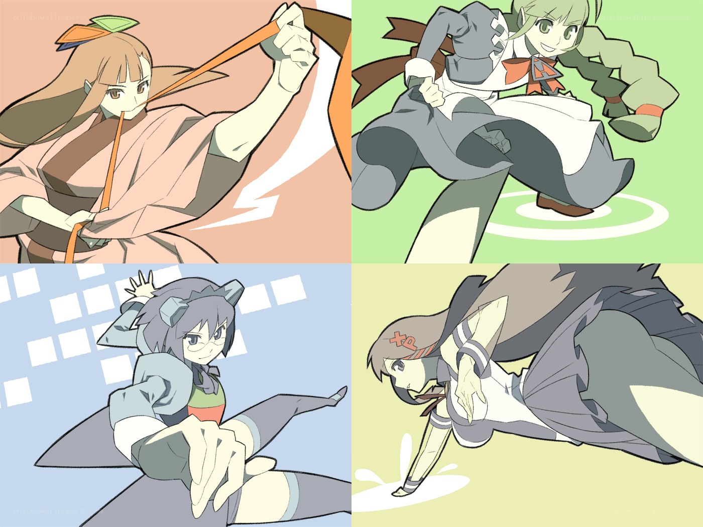 Four anime characters in action poses