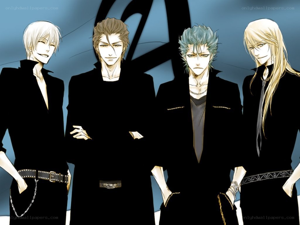 four anime characters in black suits
