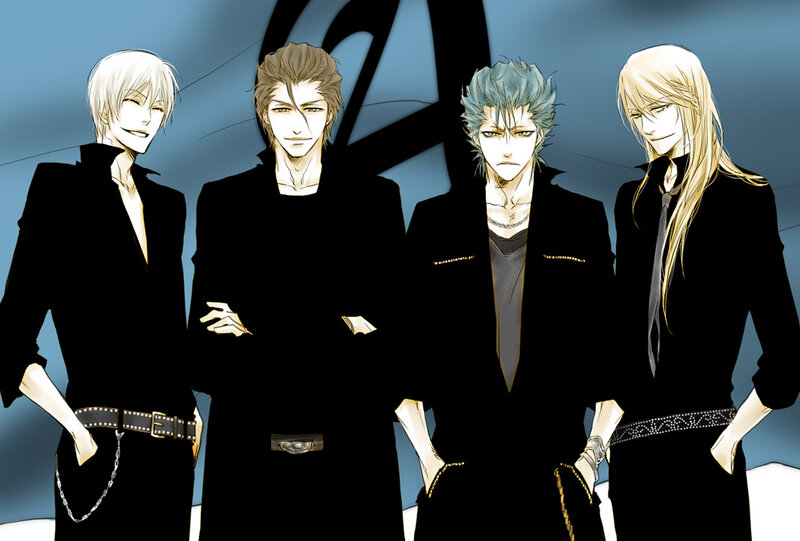 four anime characters in black suits