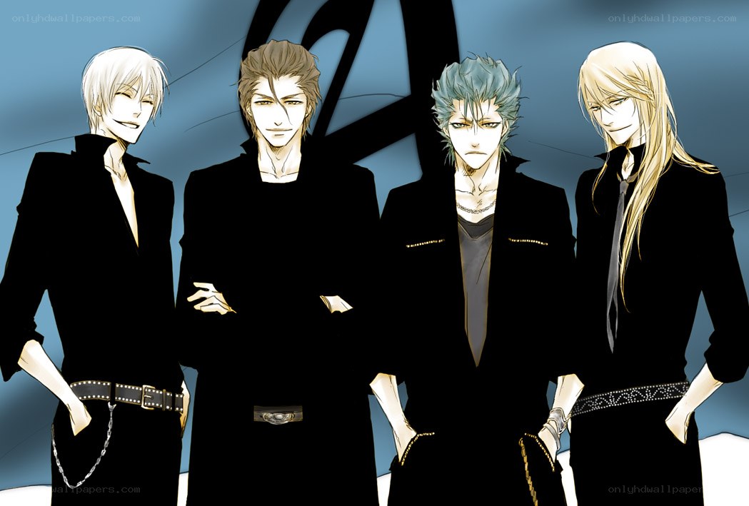 four anime characters in black suits