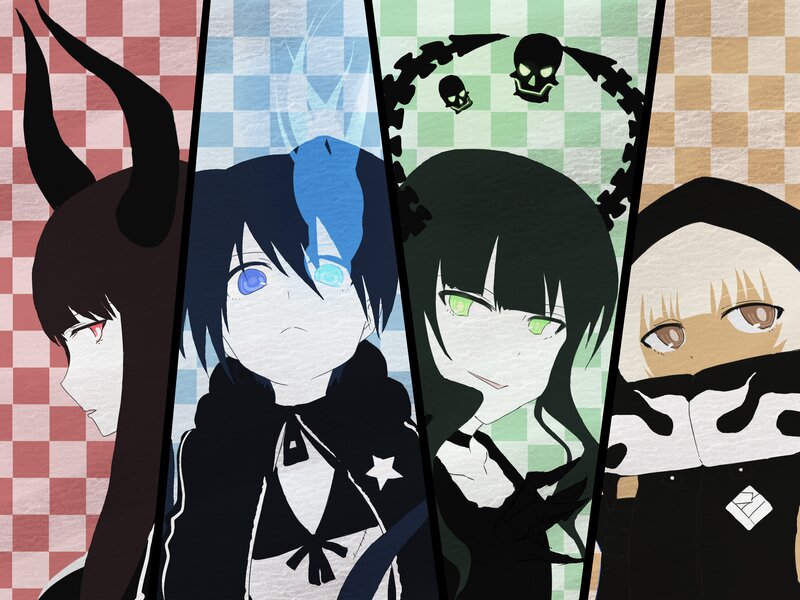 Four anime characters in checkered panels