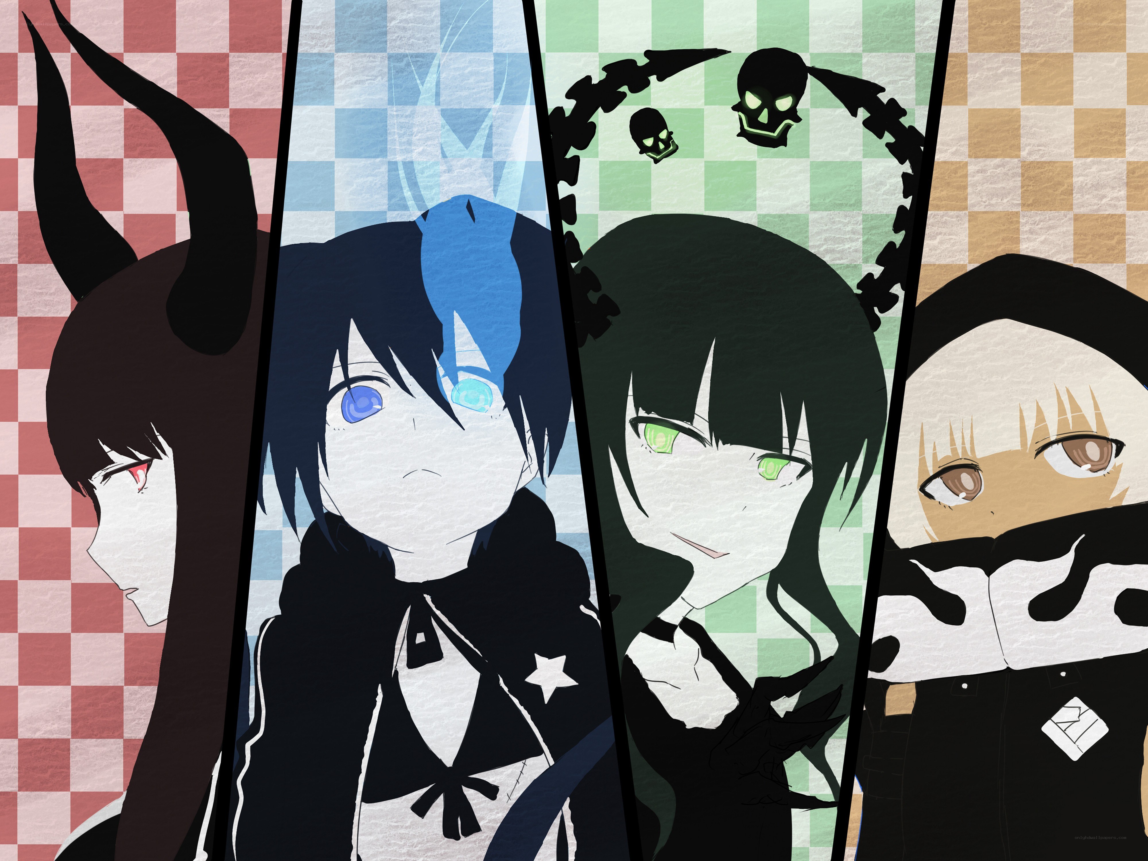 Four anime characters in checkered panels