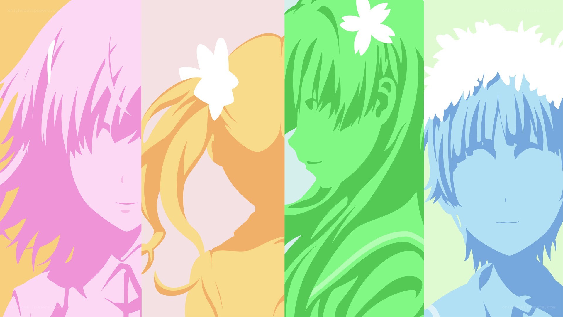 Four anime characters in color blocks