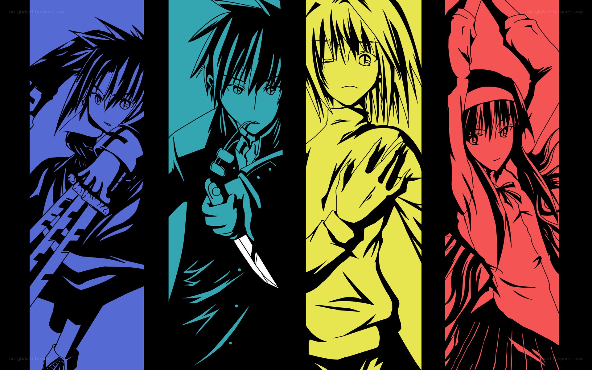 Four anime characters in colored panels